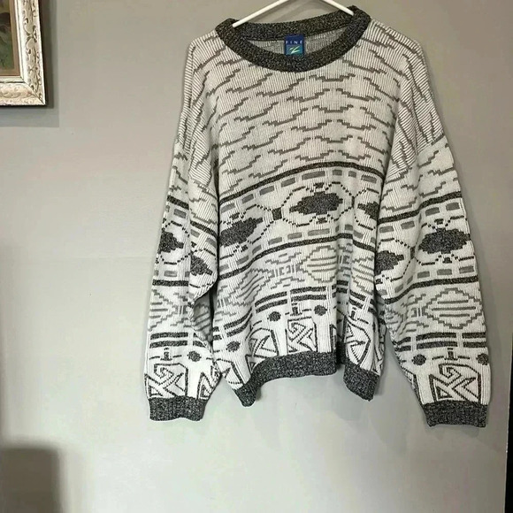 [2XL]Vintage Fine Line Men Aztec Geo  Pattern Knit Men Sweater - Picture 1 of 8